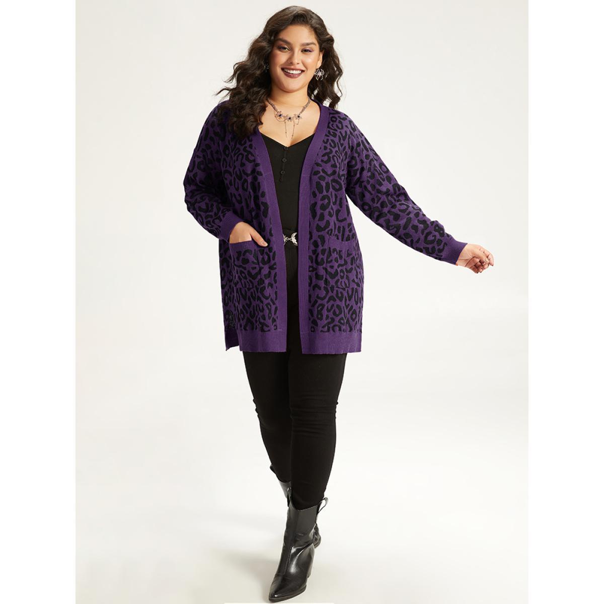 Plus Size Halloween Leopard Print Patched Pocket Split Side Cardigan Purple Women Casual Loose Long Sleeve Festival-Halloween Cardigans BloomChic 22-24/3X Product Image