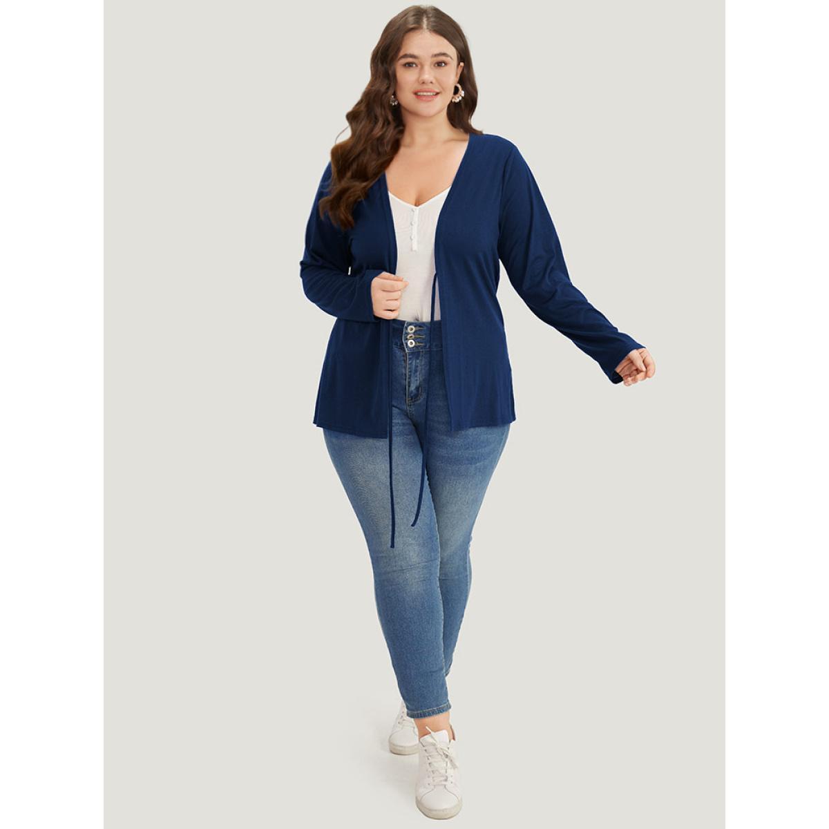 Plus Size Plain Ties Open Front Kimono Women DarkBlue Casual Plain Everyday Kimonos BloomChic 22-24/3X Product Image