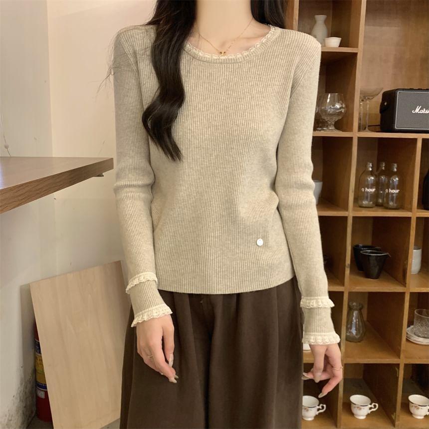 Long-Sleeve Round Neck Lace Trim Slim Fit Knit Top Product Image