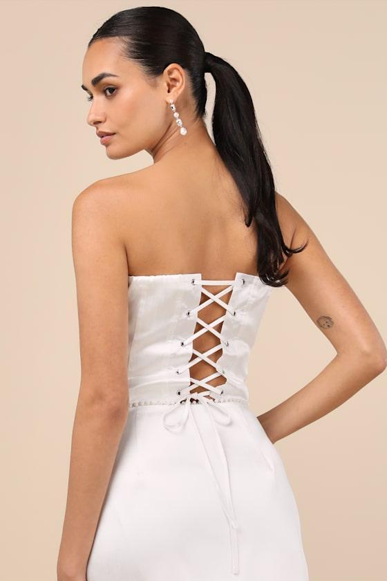 Megan White Satin Pearl Strapless Crop Top Product Image