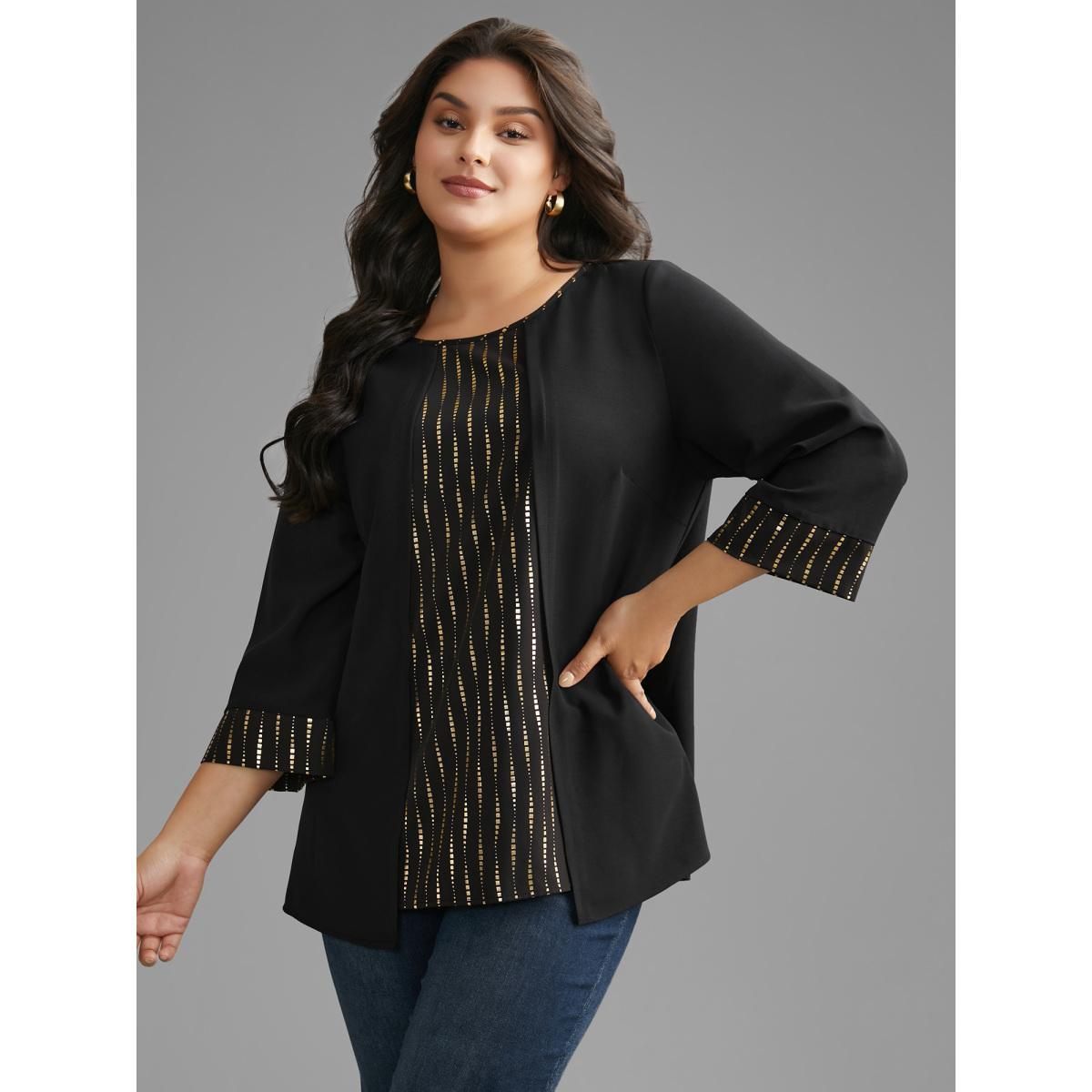 Plus Size Black Crew Neck Glitter Patchwork Contrast Blouse Women Cocktail Long Sleeve Round Neck Party Blouses BloomChic 22-24/3X Product Image
