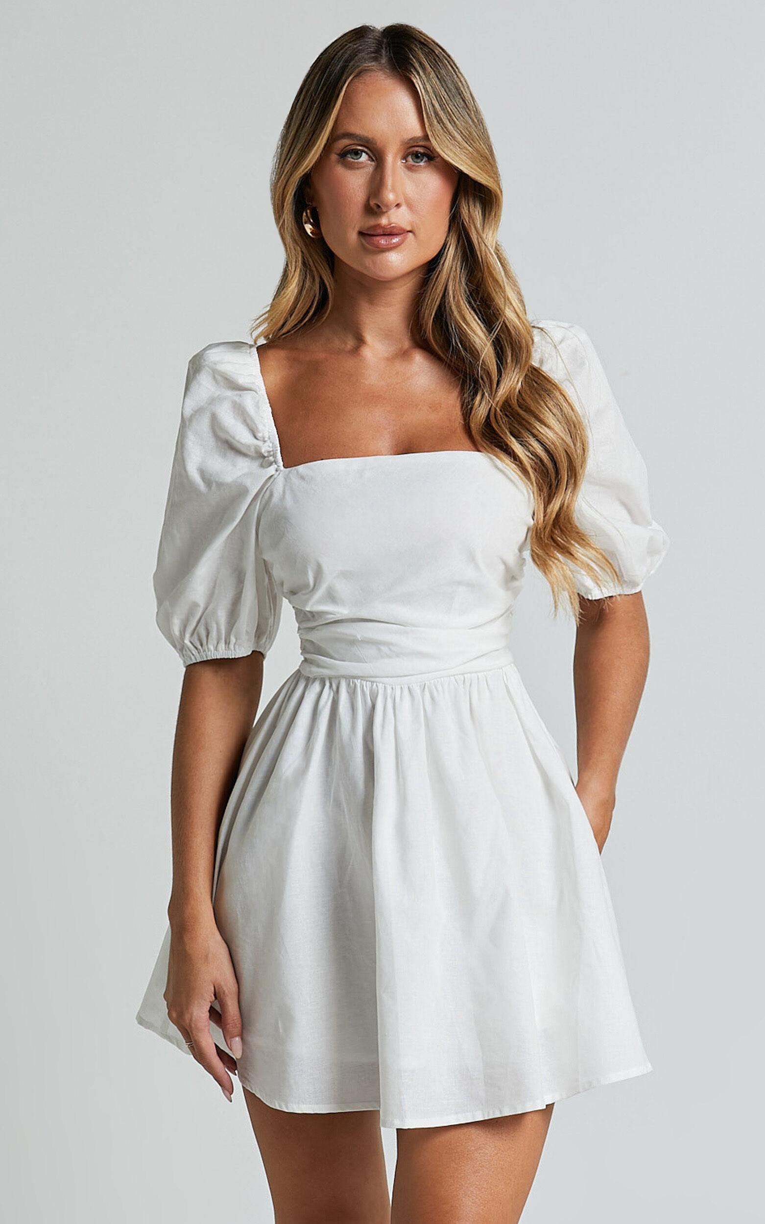 Claudina Mini Dress - Linen Look Puff Sleeve Ruched Bodice Dress in White Product Image
