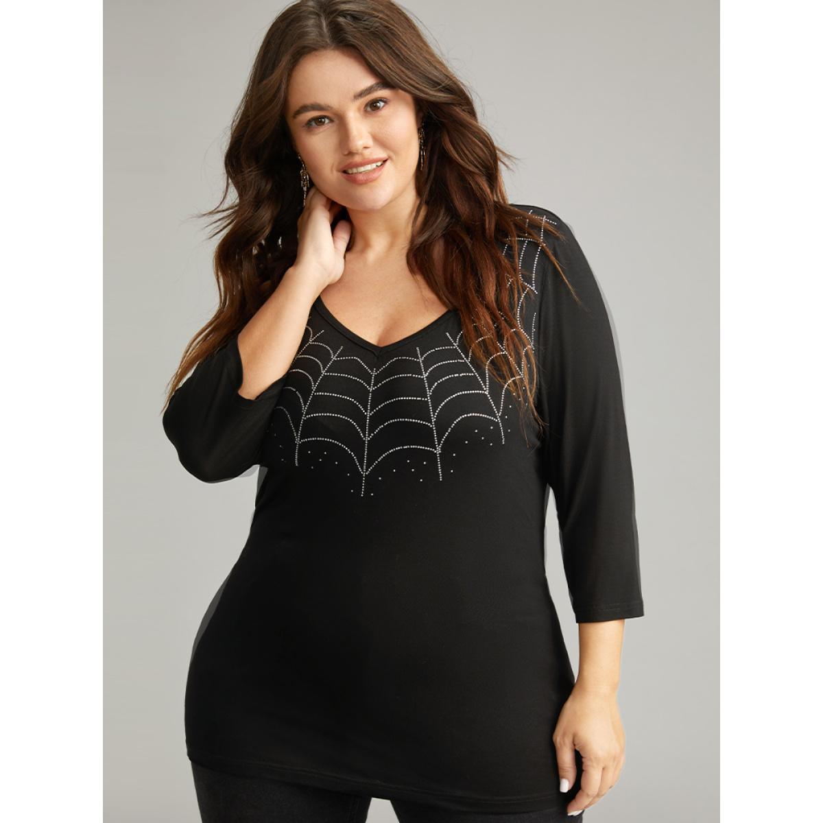 Plus Size Supersoft Essentials Halloween Graphic Rhinestone T-shirt Black Women Casual Rhinestone detailing Graphic-Halloween V-neck Festival-Halloween T-shirts BloomChic 26/4X Product Image