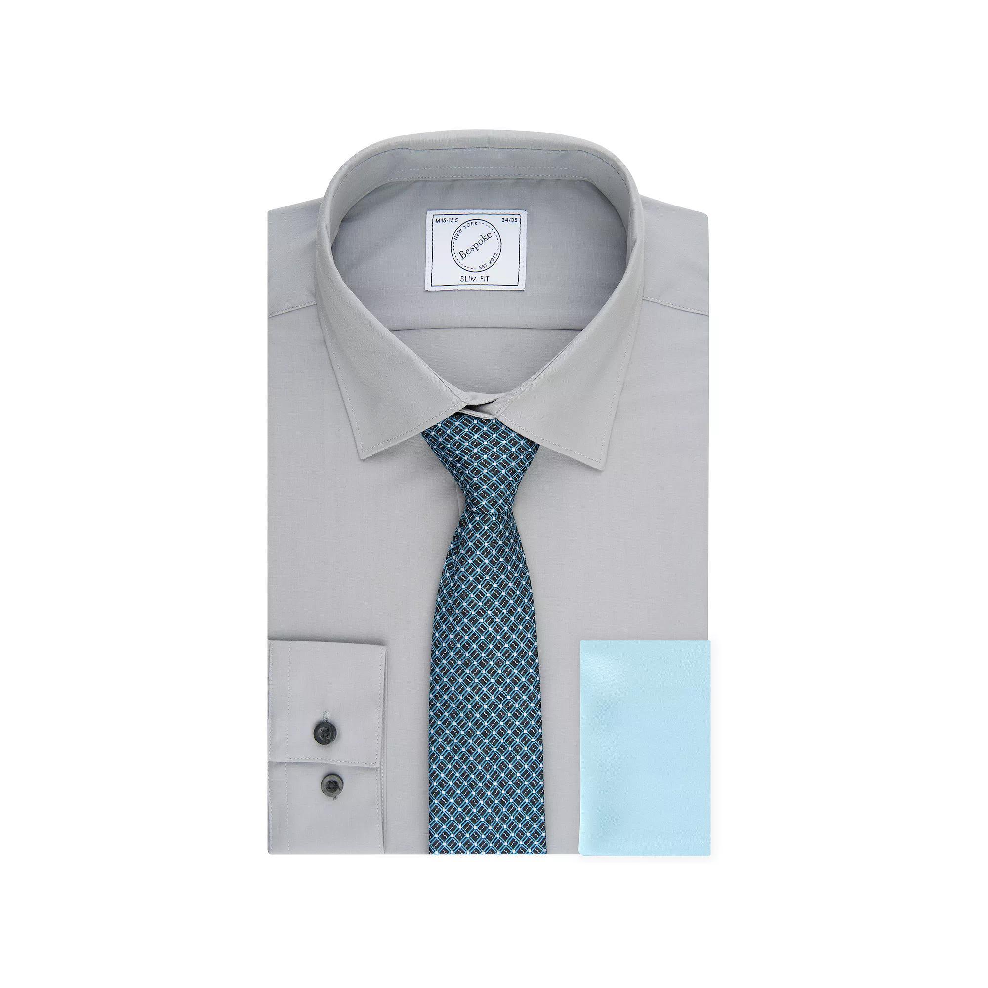 Men's Bespoke Slim-Fit Dress Shirt, Pocket Square & Tie Set, Size: Small 32-33, Gray Product Image