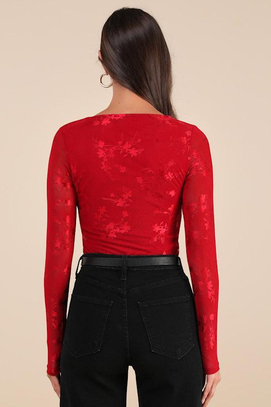 Chicly Mesmerizing Red Mesh Burnout Long Sleeve Bodysuit Product Image