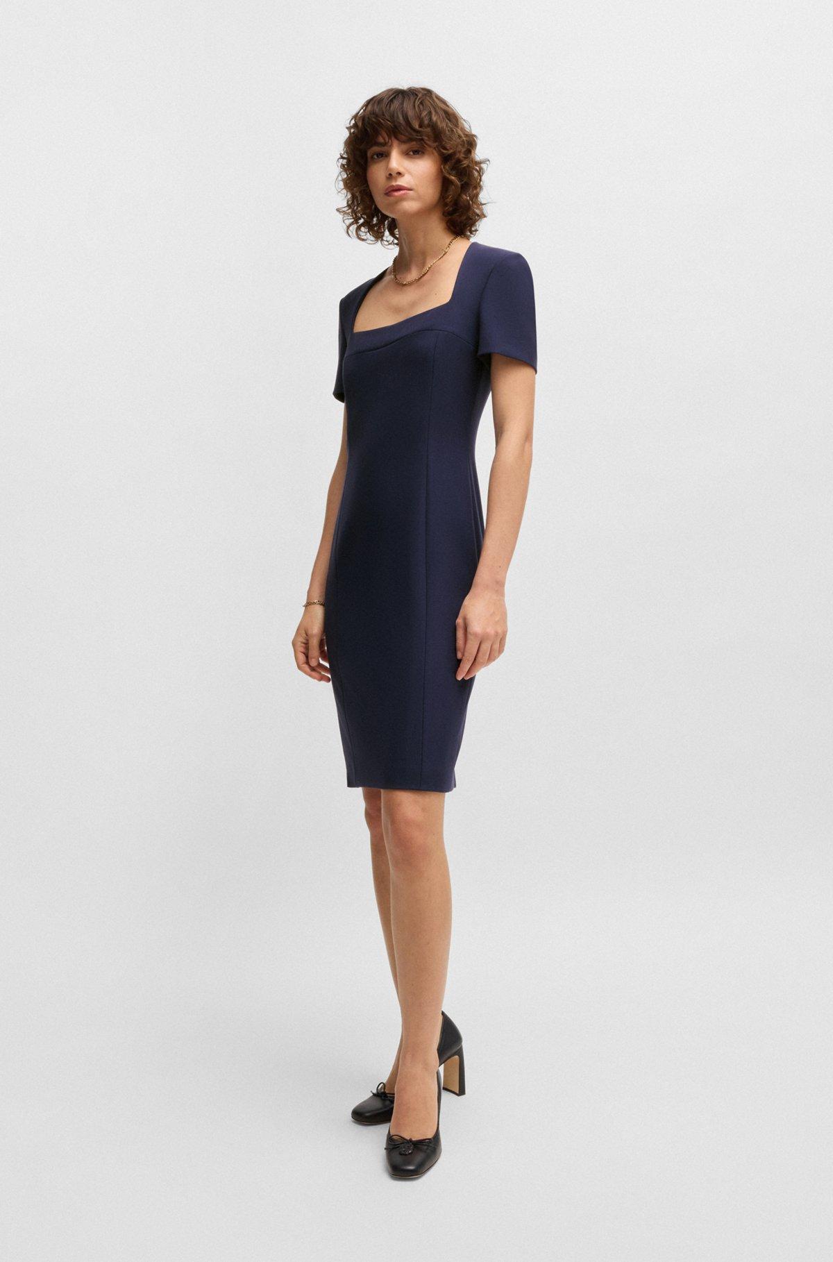 BOSS - Square-neck slim-fit dress in stretch material - Dark Blue Product Image