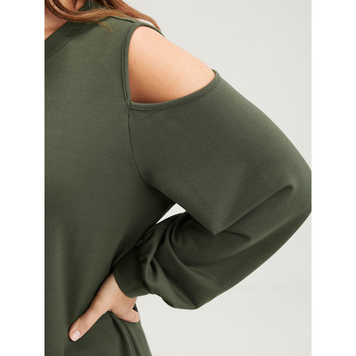Plus Size Floral Print Cold Shoulder Sweatshirt Women ArmyGreen Elegant Printed Loose Round Neck Dailywear Sweatshirts BloomChic 10/M Product Image