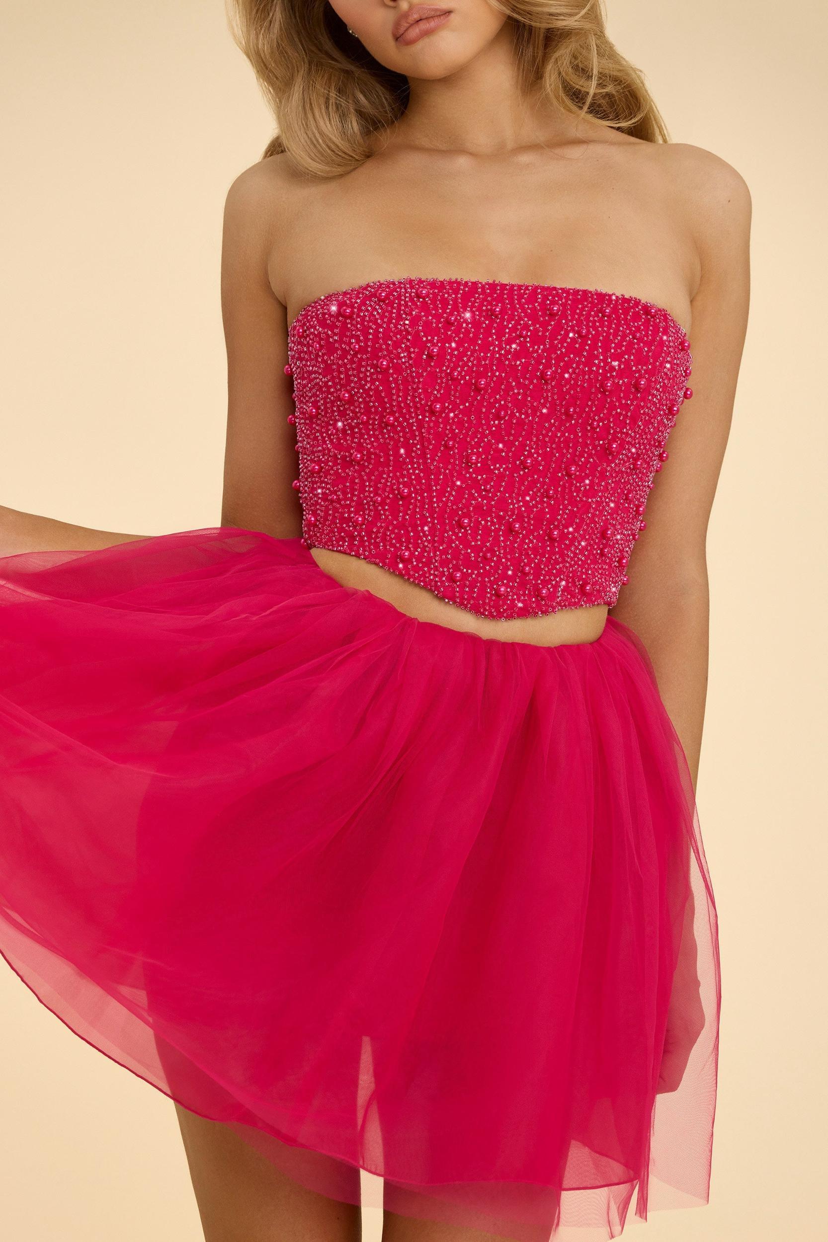 High Waist Tulle Mini Skirt in Hot Pink Product Image