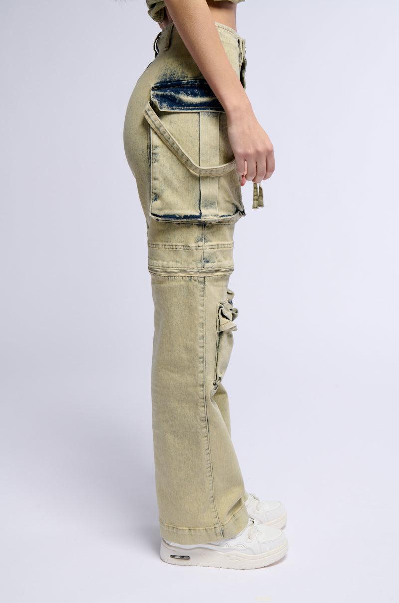CAPRICE DISTRESSED DENIM CARGO CONVERTIBLE ZIP OFF PANT Product Image