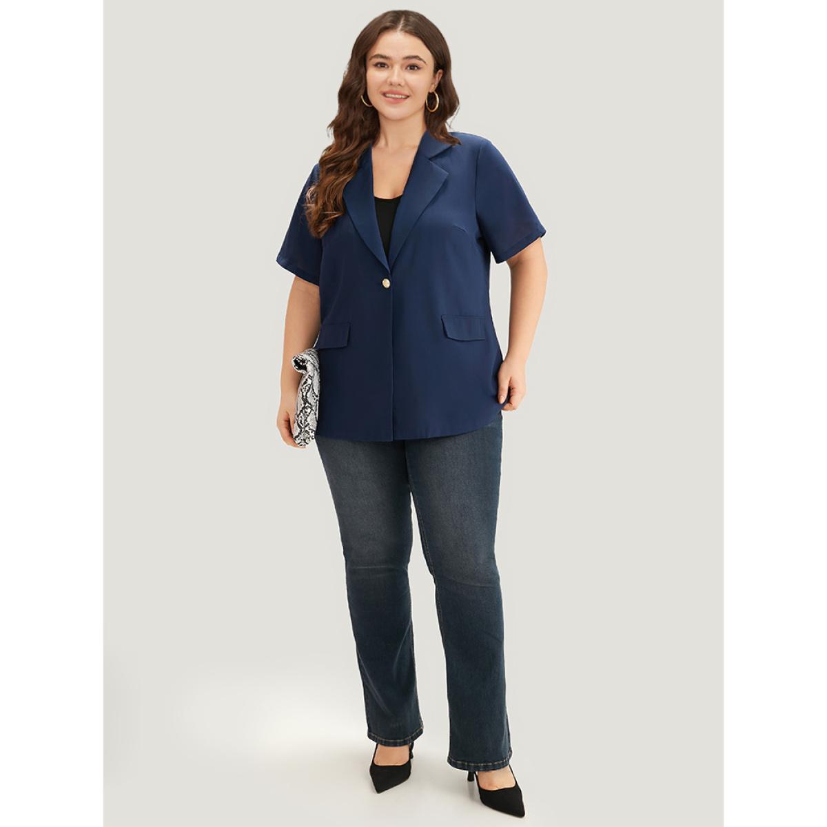 Plus Size Plain Button Through Flap Pocket Suit Collar Blazer Indigo Women Dailywear Plain Drape Sleeve Short sleeve Lapel Collar 10/M Pocket Casual Blazers BloomChic Product Image