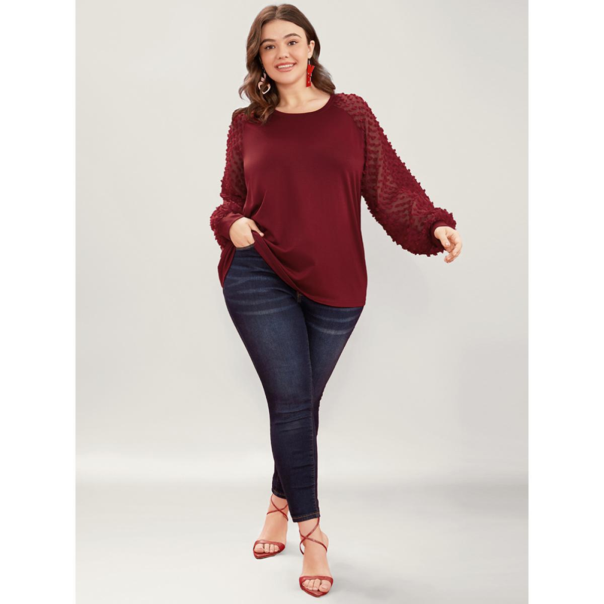 Plus Size Solid Mesh Patchwork Embroidered Round Neck Long Tee Scarlet Women Elegant See through Plain Round Neck Dailywear T-shirts BloomChic 18-20/2X Product Image
