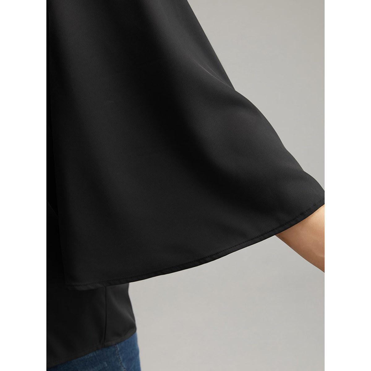 Plus Size Black Twill Rhinestone V Neck Ruffle Sleeve Blouse Women Glamour Elbow-length sleeve V-neck Going out Blouses BloomChic 14-16/1X Product Image