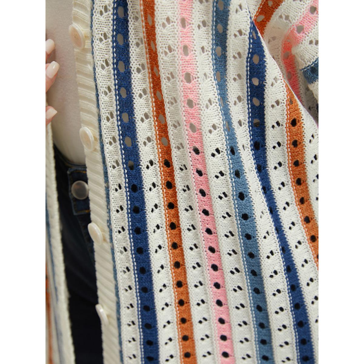 Plus Size Rainbow Striped Button Through Eyelet Cardigan Multicolor Women Casual Loose Long Sleeve Dailywear Cardigans BloomChic 18-20/2X Product Image