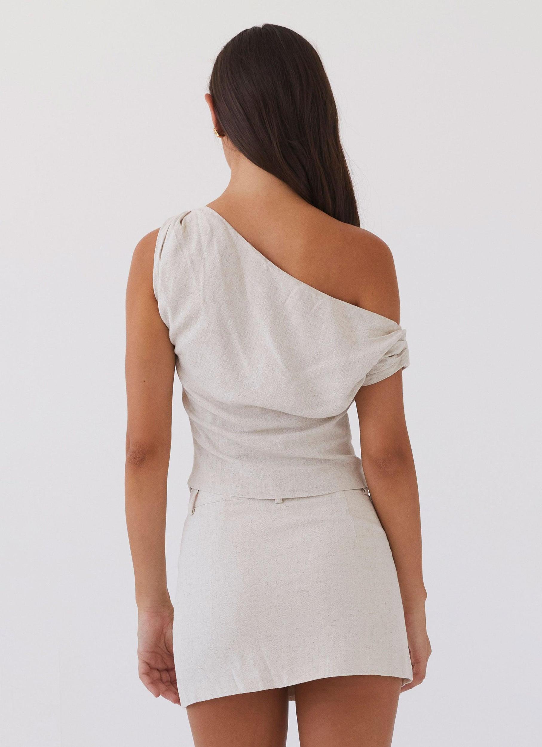 Marissa Linen One Shoulder Top - Oatmeal Product Image