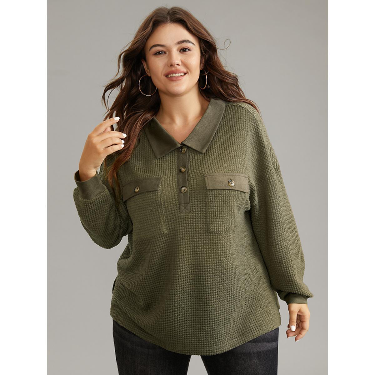 Plus Size Faux Suede Patchwork Waffle Knit Flap Pocket Sweatshirt Women ArmyGreen Casual Waffle Knit Lapel Collar Dailywear Sweatshirts BloomChic 12/L Product Image