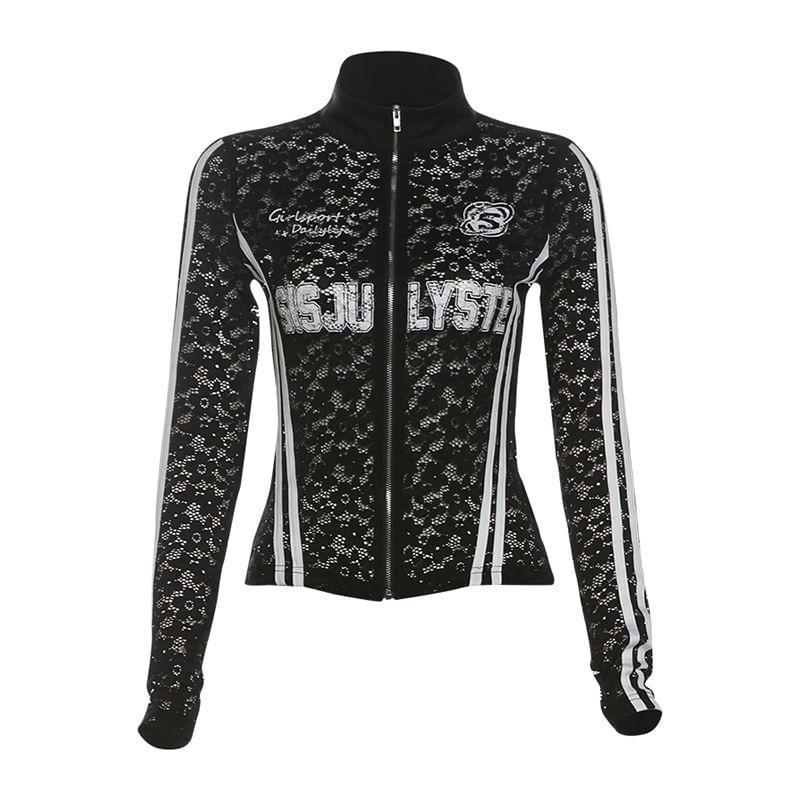 Long Sleeve Lettering Print Striped Lace See-Through Slim-Fit Crop Zip-Up Top Product Image