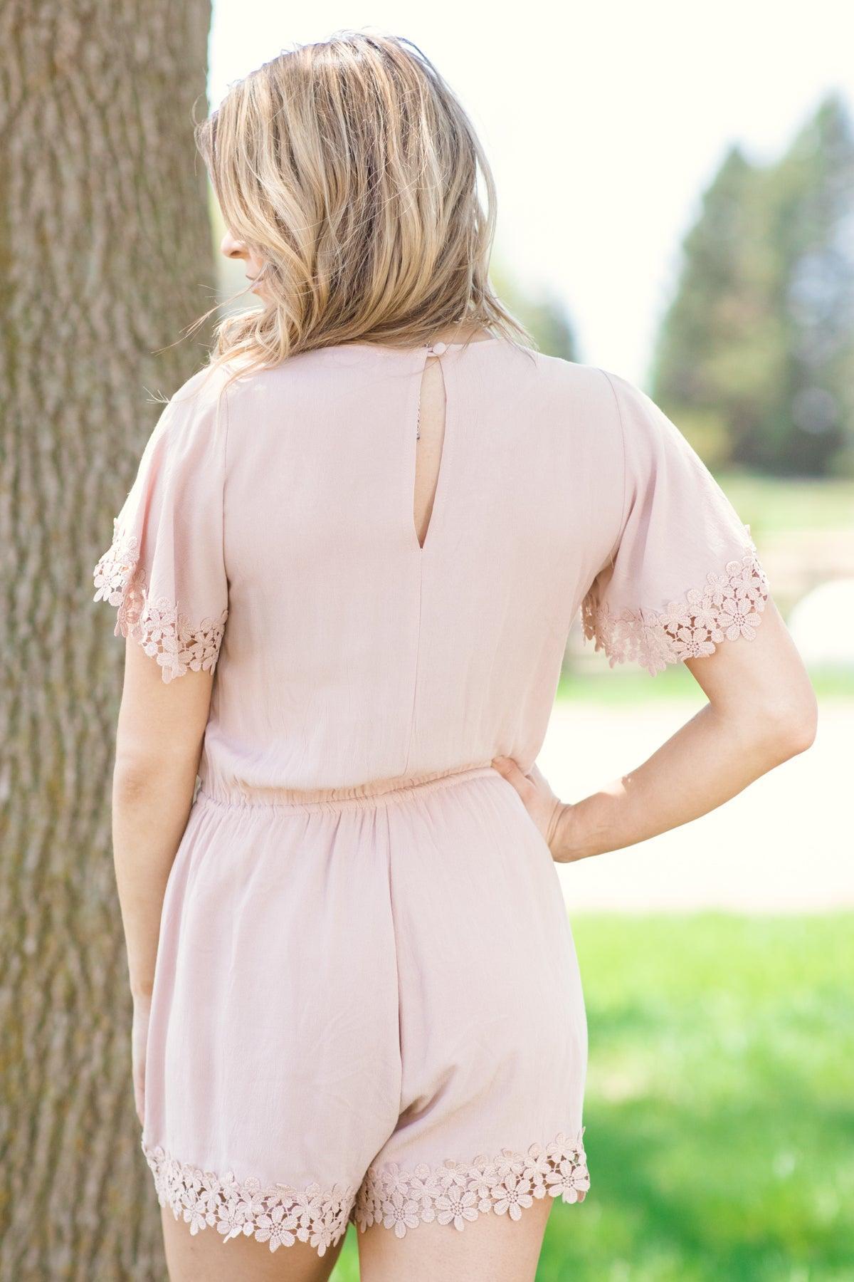 Tan Crochet Trim Short Sleeve Romper Product Image