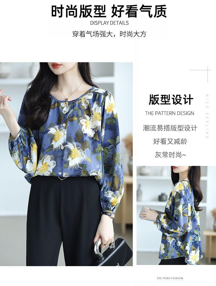 Puff-Sleeve Crew Neck Floral Blouse Product Image