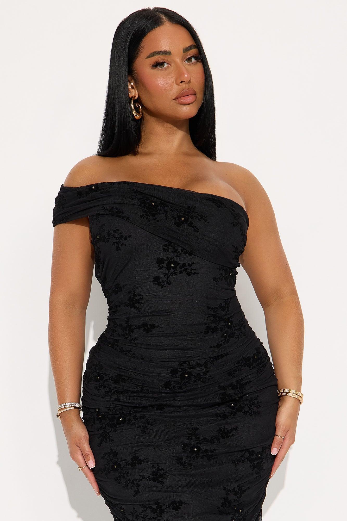 Real Legacy Flocked Mesh Midi Dress - Black Product Image