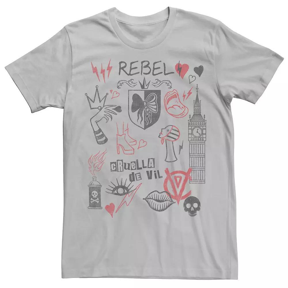 Disney's Cruella De Vil Men's Rebel Fashion Sketches Tee, Size: Small, Silver Product Image