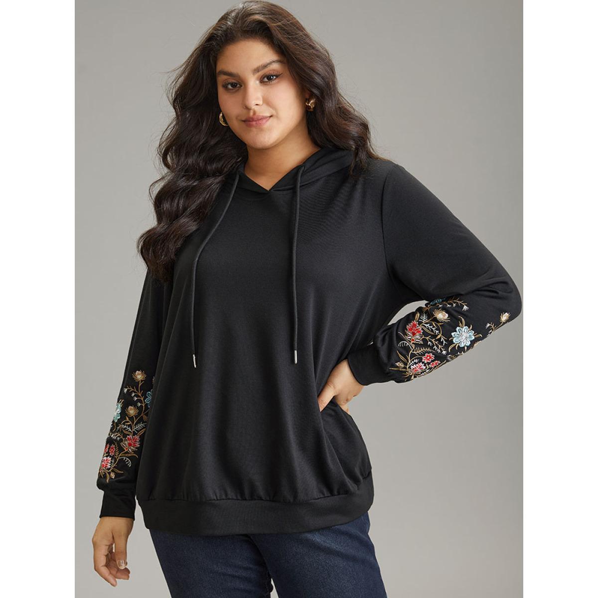 Plus Size Floral Embroidered Hooded Drawstring Sweatshirt Women Black Elegant Embroidered Hooded Dailywear Sweatshirts BloomChic 26/4X Product Image