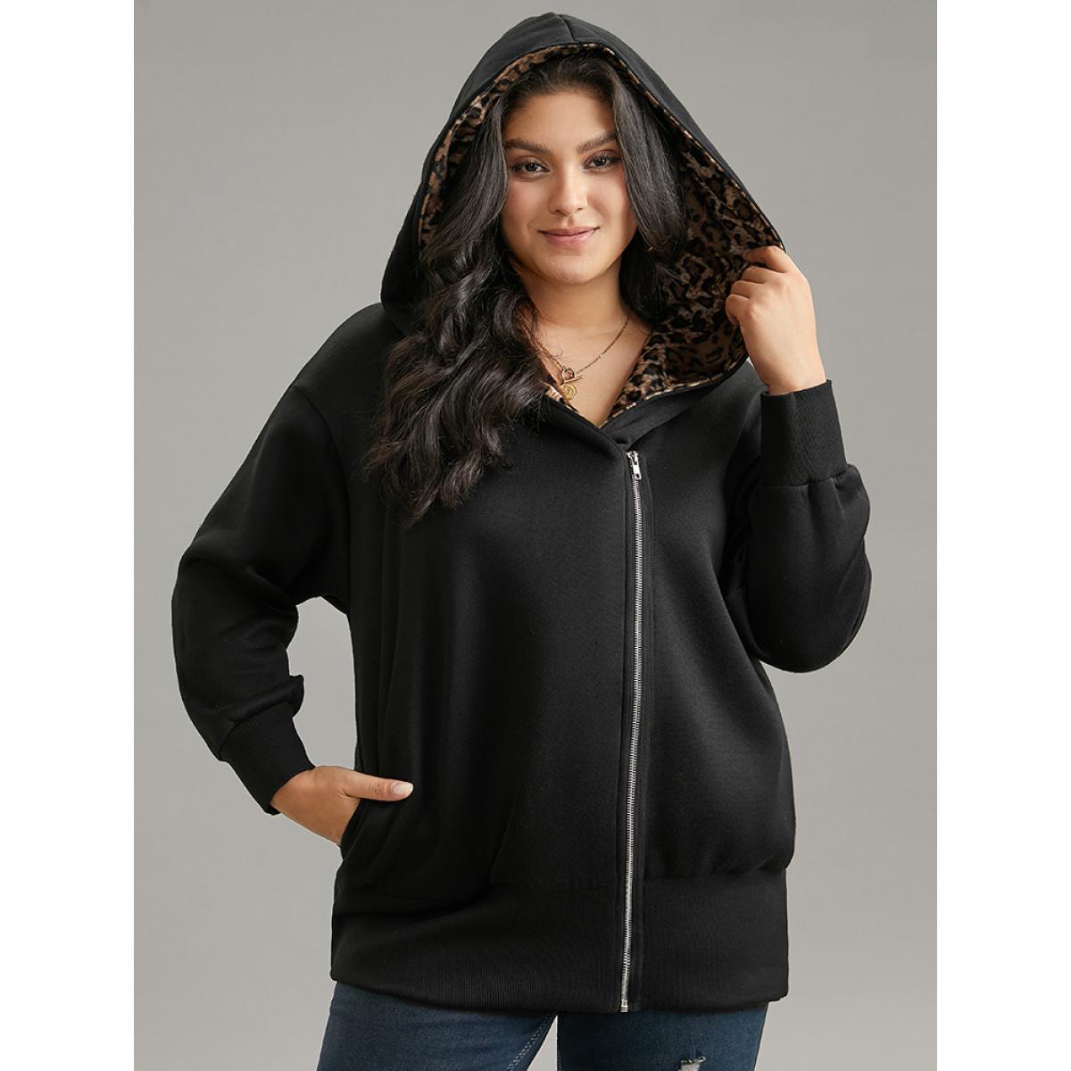 Plus Size Leopard Patchwork Zipper Hooded Jacket Women Black Contrast Pocket Dailywear Jackets BloomChic 22-24/3X Product Image