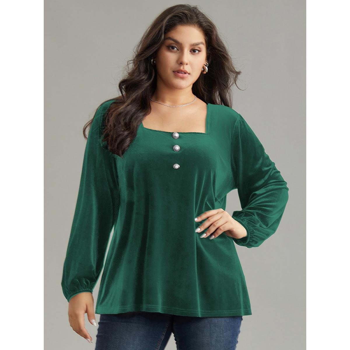 Plus Size ArmyGreen Velvet Metal Button Detail Blouse Women Elegant Long Sleeve Square Neck Dailywear Blouses BloomChic 18-20/2X Product Image