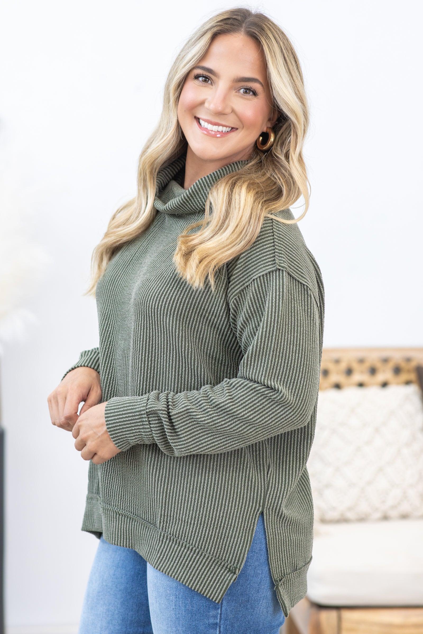 Ribbed Cowl Neck Long Sleeve Knit Top Product Image