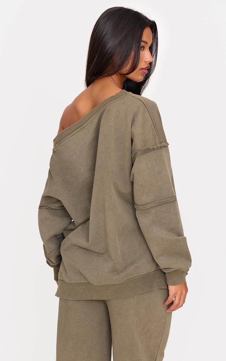 Khaki Washed Off The Shoulder Frayed Seam Detail Sweatshirt Product Image