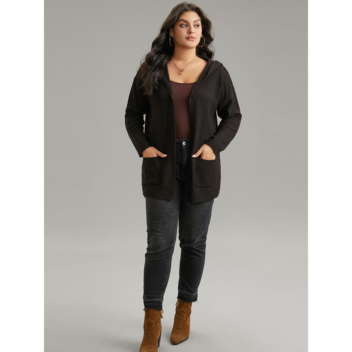 Plus Size Plain Hooded Pocket Open Front Cardigan DarkBrown Women Casual Loose Long Sleeve Dailywear Cardigans BloomChic 14-16/1X Product Image