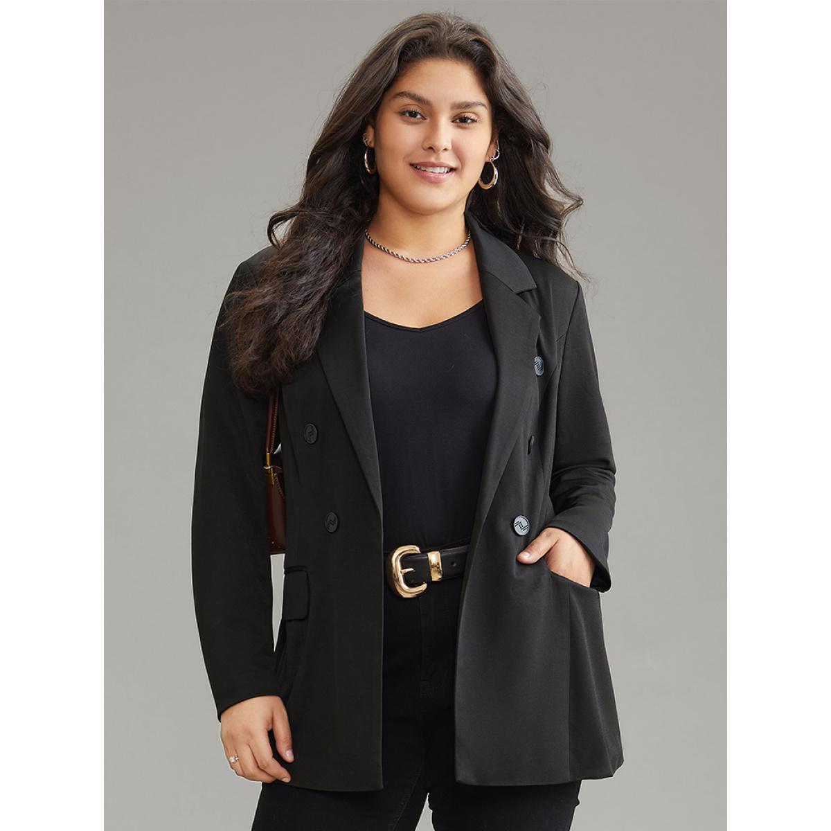 Plus Size Plain Suit Collar Pocket Button Up Blazer Black Women Dailywear Plain Lined Sleeve Long Sleeve Suit Collar 28/5X Pocket Elegant Blazers BloomChic Product Image
