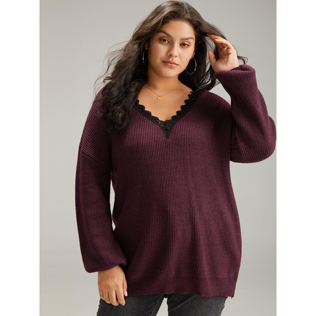 Plus Size Supersoft Essentials Lace Insert Drop Shoulder Pullover Burgundy Women Casual Loose Long Sleeve V-neck Dailywear Pullovers BloomChic 28/5X Product Image