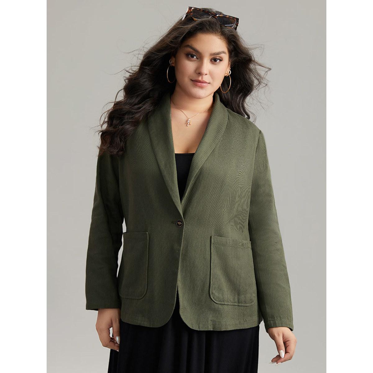 Plus Size Plisse Lapel Collar Patched Pocket Blazer ArmyGreen Women Dailywear Plain Plain Sleeve Long Sleeve Lapel Collar 30/6X Pocket Casual Blazers BloomChic Product Image