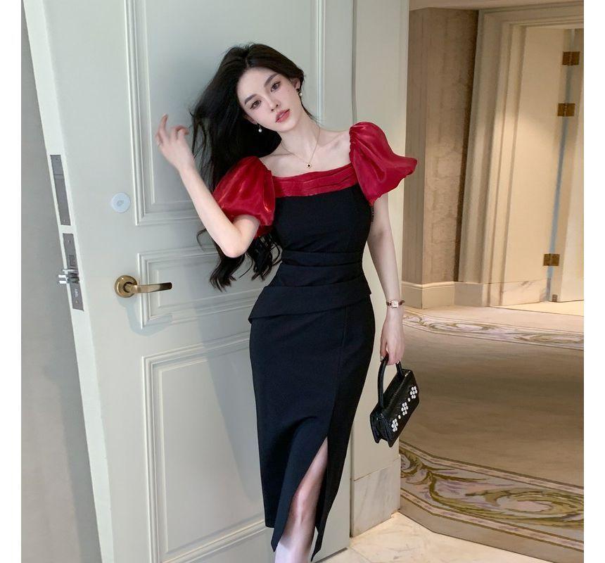 Puff Sleeve Square Neck Two Tone Slit Ruched Panel Mesh Midi Sheath Dress Product Image