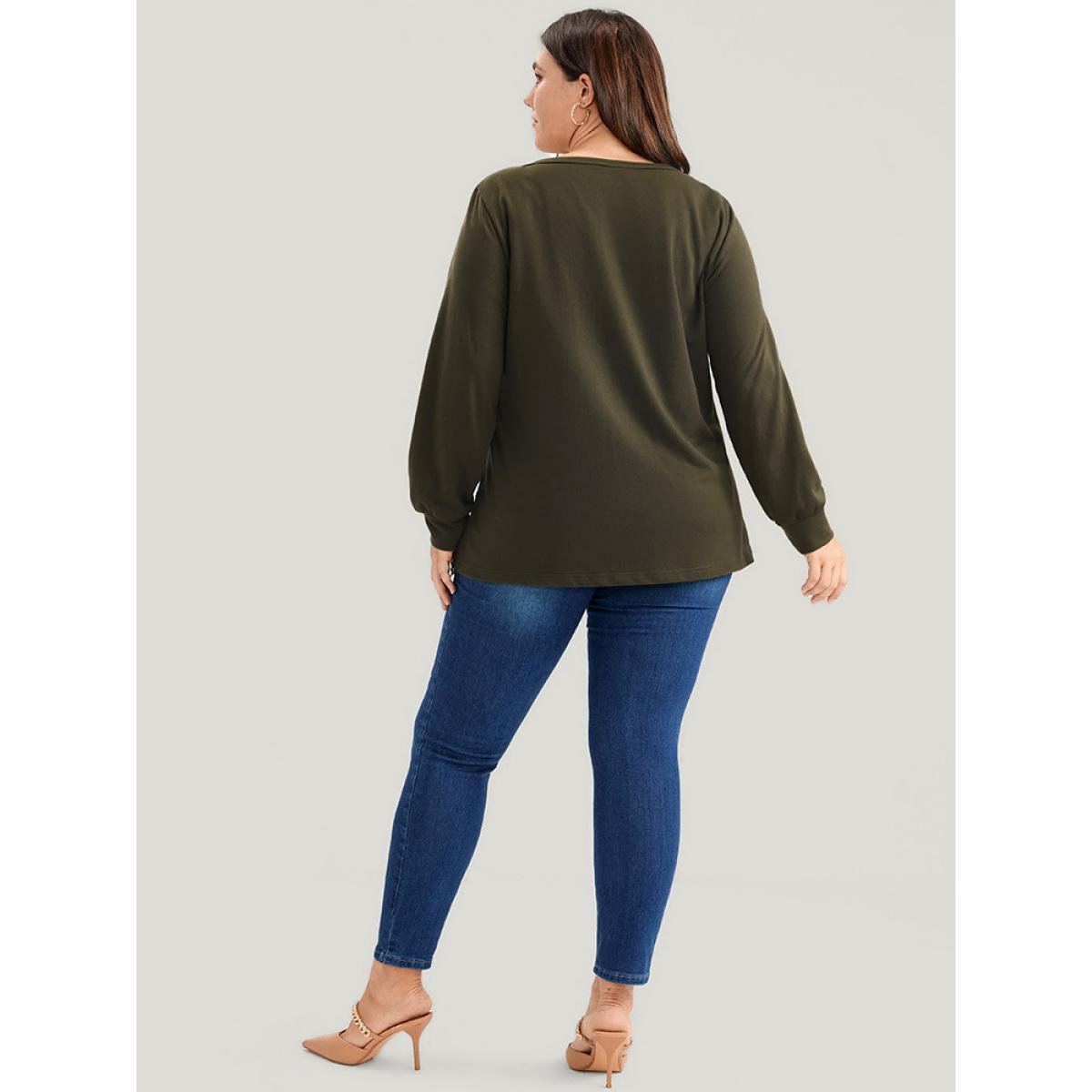 Plus Size Solid Round Neck Pocket Lace Hem Sweatshirt Women ArmyGreen Elegant Patchwork Round Neck Dailywear Sweatshirts BloomChic 10/M Product Image