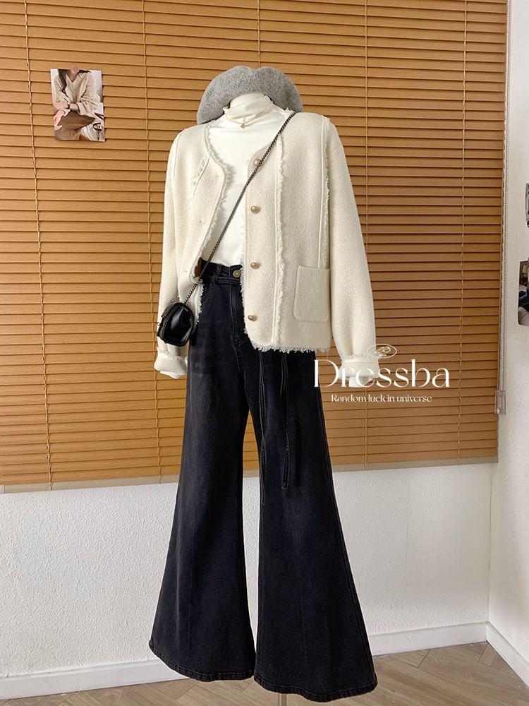 High Rise Washed Fleece-Lined Flared Jeans Product Image