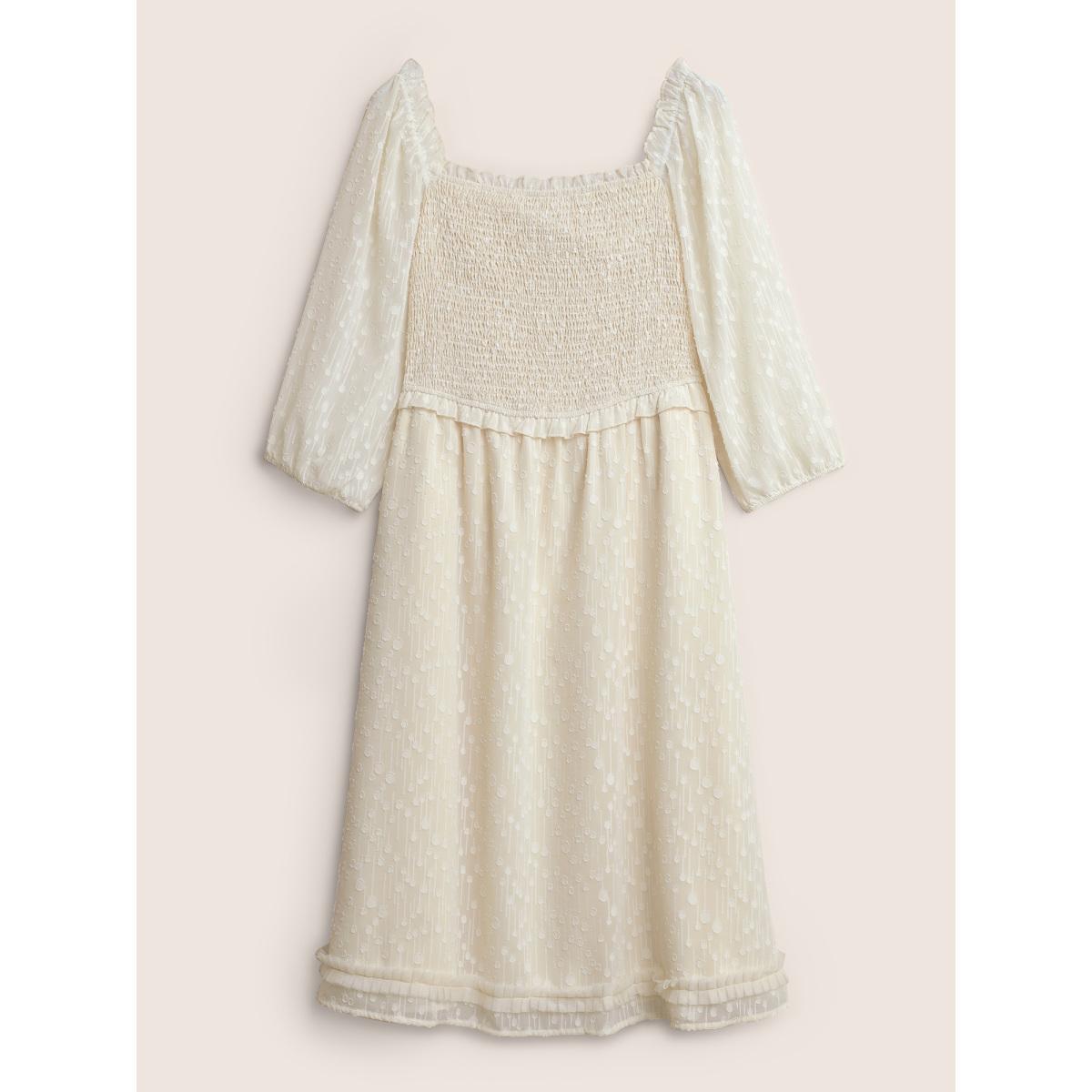 Plus Size Chiffon Shirred Mesh Frill Trim Pocket Dress Apricot Women Elegant Elastic cuffs Square Neck Long Sleeve Curvy Knee Dress BloomChic 14-16/1X Product Image