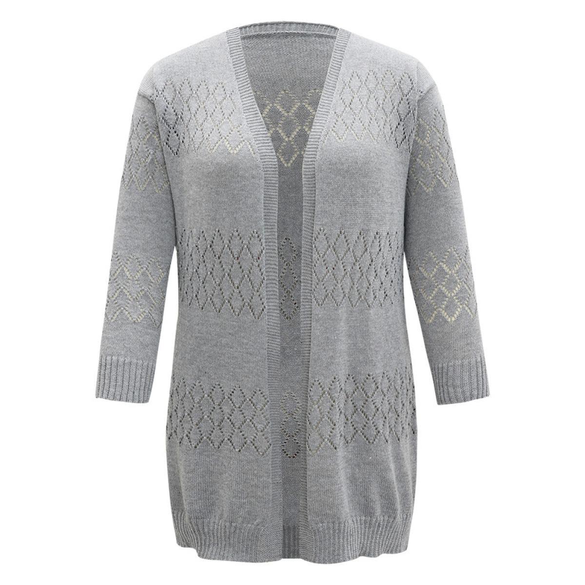 Plus Size Geometric Eyelet Elastic Cuffs Tunic Cardigan DarkGray Women Casual Loose Long Sleeve Dailywear Cardigans BloomChic 26/4X Product Image