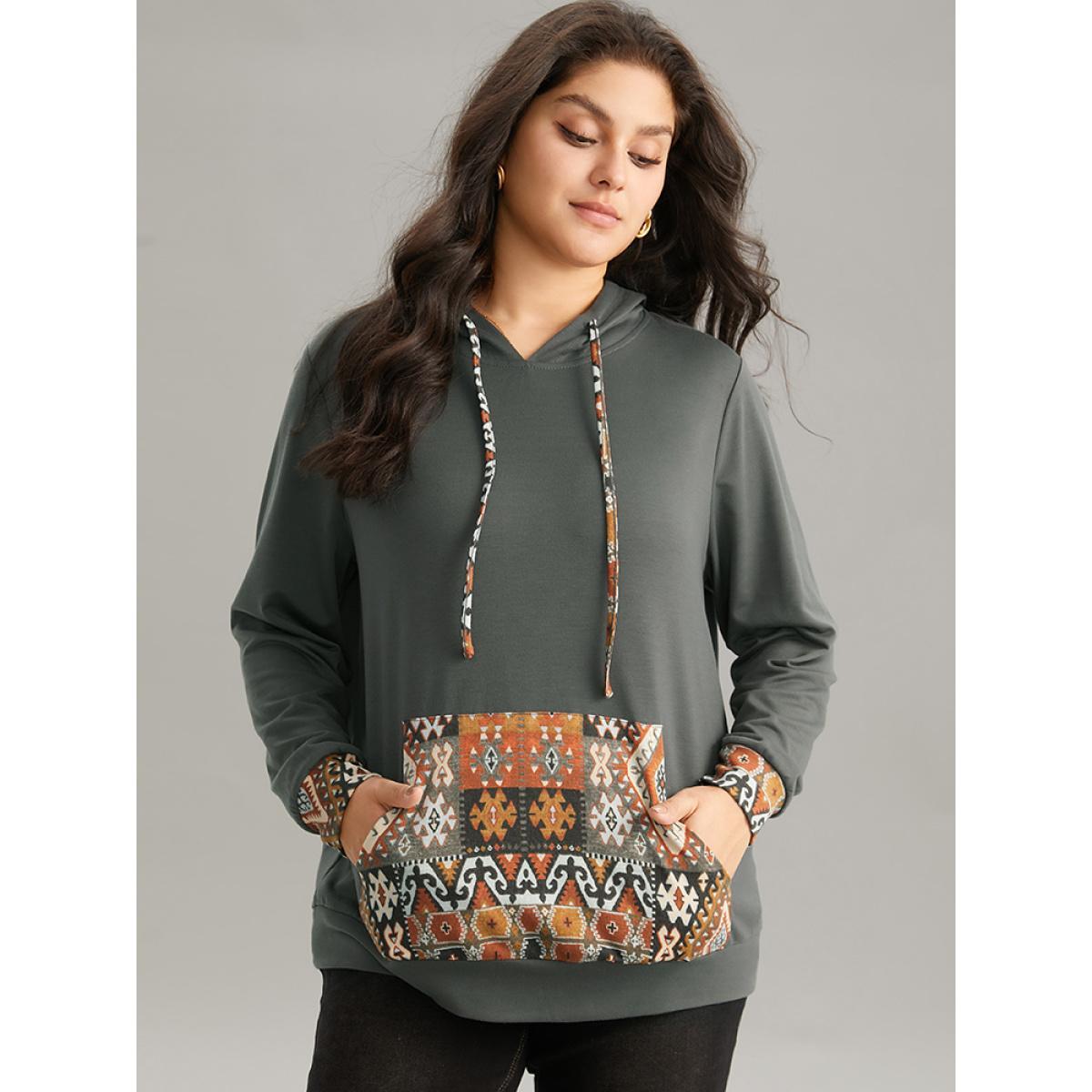 Plus Size Bandana Patchwork Hooded Pocket Drawstring Sweatshirt Women DimGray Elegant Patchwork Hooded Dailywear Sweatshirts BloomChic 18-20/2X Product Image
