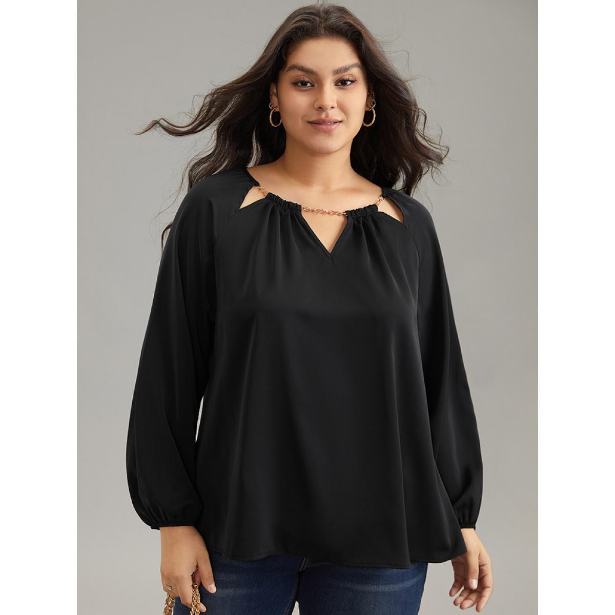 Plus Size Black Static-Free Chain Detail Cut Out Raglan Sleeve Blouse Women Office Long Sleeve Round Neck Work Blouses BloomChic 14-16/1X Product Image