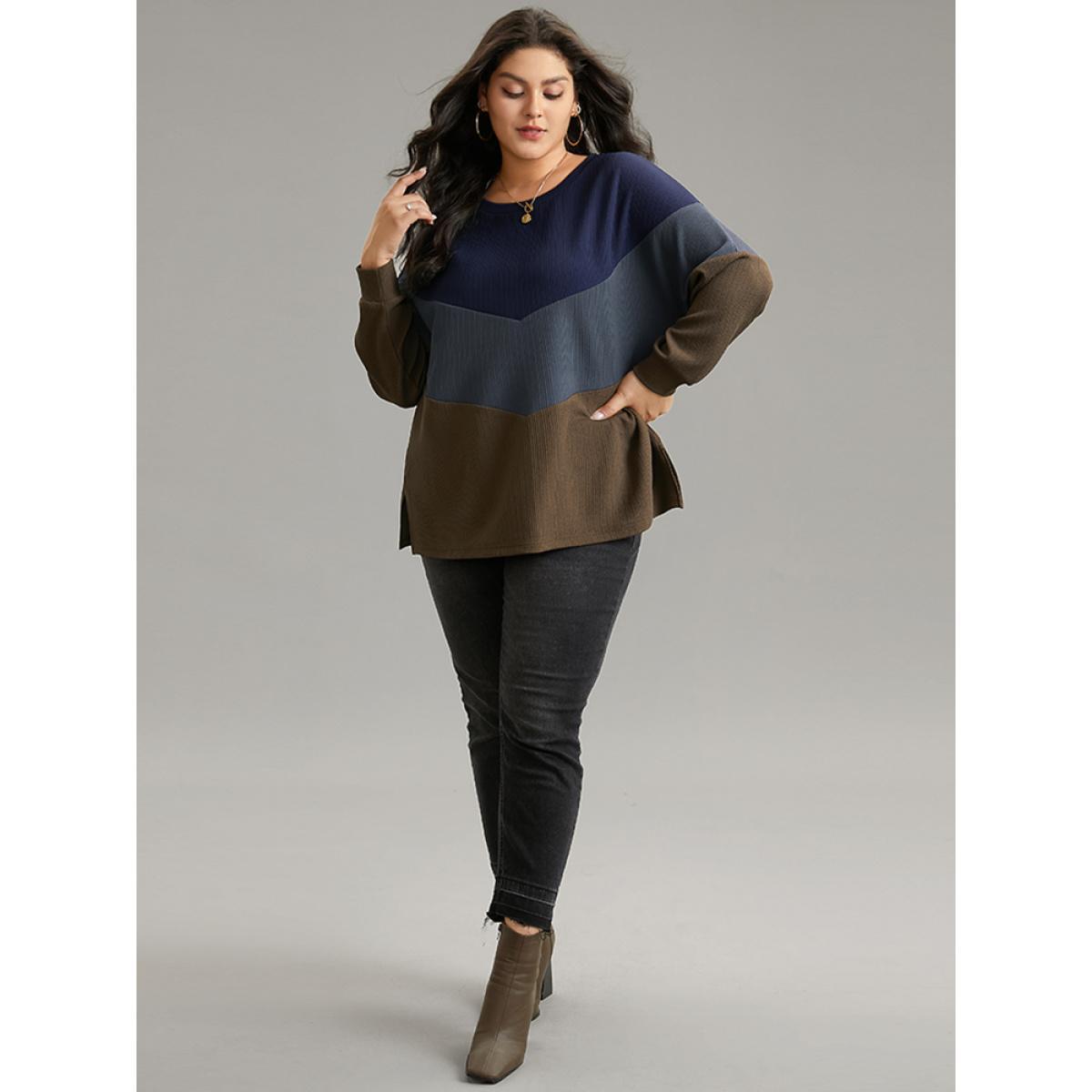Plus Size Colorblock Rib Knit Drop Shoulder Sweatshirt Women Multicolor Casual Contrast Round Neck Dailywear Sweatshirts BloomChic 30/6X Product Image