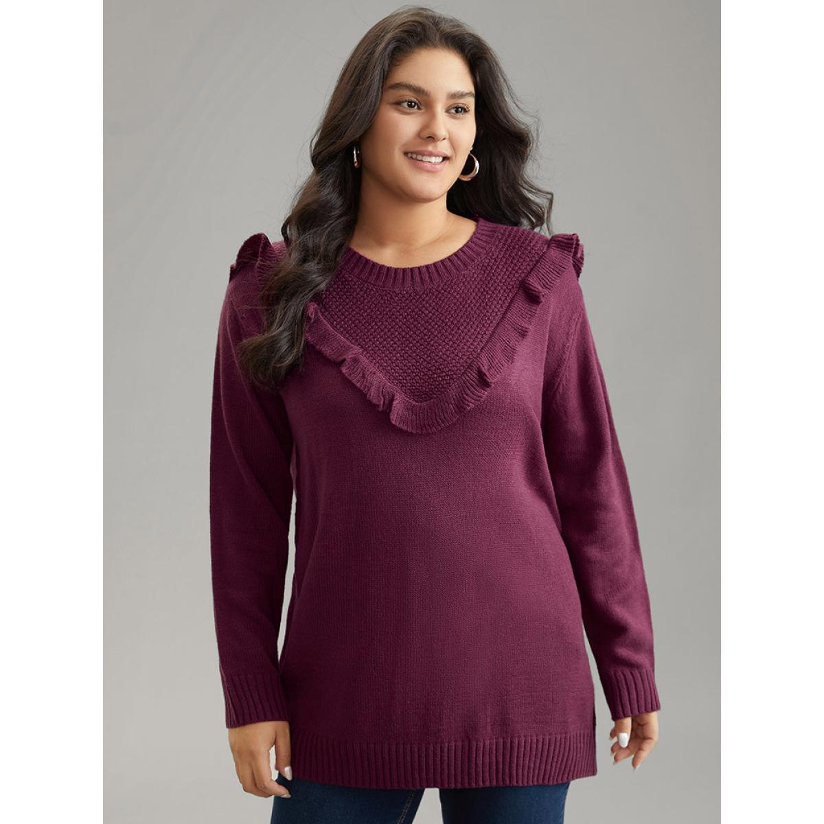 Plus Size Solid Flutter Trim Plisse Loose Pullover Burgundy Women Casual Loose Long Sleeve Round Neck Dailywear Pullovers BloomChic 18-20/2X Product Image