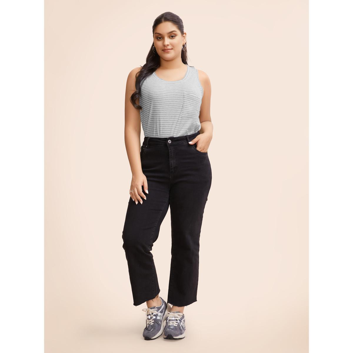 Plus Size Striped Pocket Arc Hem Tank Top Women Silver Casual Everyday Tank Tops Camis BloomChic 12/L Product Image