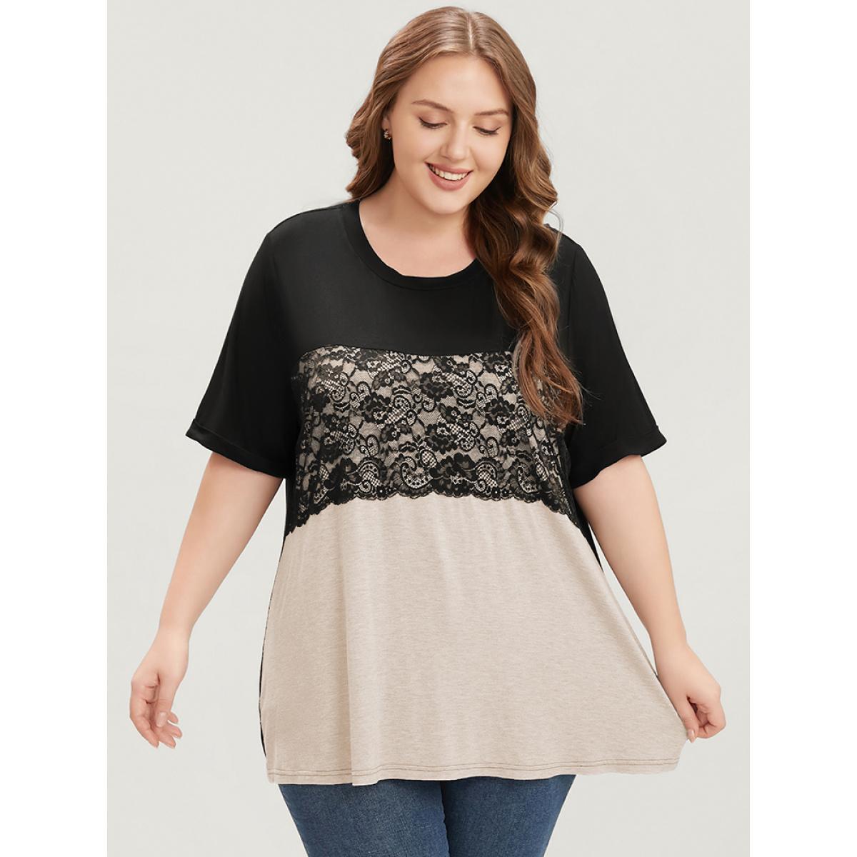 Plus Size Colorblock Contrast Round Neck Lace Insert T-shirt Tan Women Elegant Contrast Colorblock Round Neck Dailywear T-shirts BloomChic 28/5X Product Image