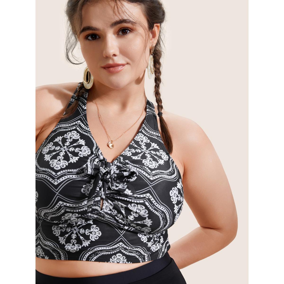 Plus Size Bandana Print Bowknot Adjustable Straps Swim Top Women's Swimwear Black Beach Tie knot High stretch Skinny V-neck Curve Swim Tops BloomChic 30/6X Product Image