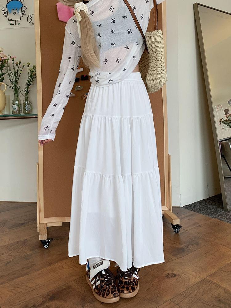 Elastic Waist Plain Tiered Maxi A-Line Skirt Product Image
