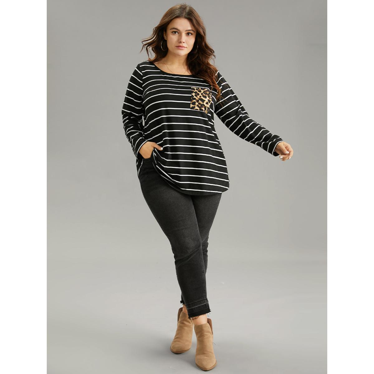 Plus Size Leopard Striped Patchwork Contrast Pocket T-shirt Black Women Casual Contrast Leopard Round Neck Dailywear T-shirts BloomChic 10/M Product Image