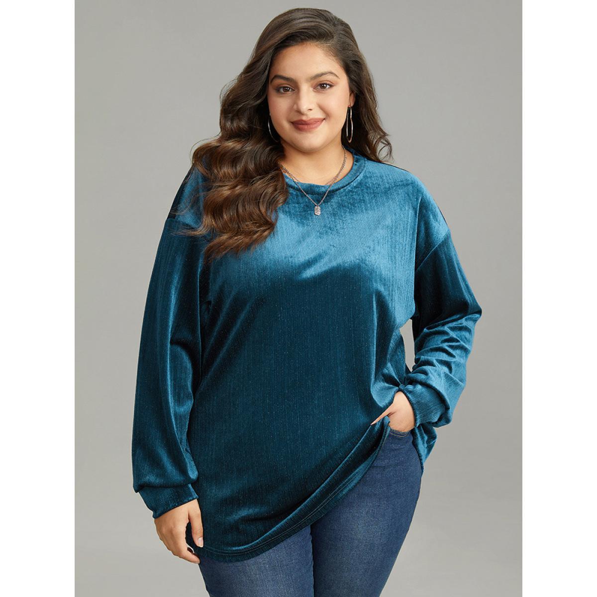 Plus Size Solid Velvet Round Neck Sweatshirt Women Aegean Casual Elastic cuffs Round Neck Dailywear Sweatshirts BloomChic 28/5X Product Image