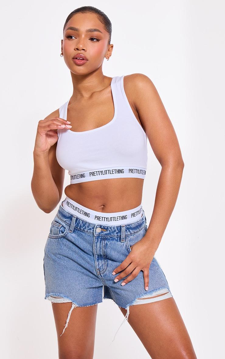 Mid Blue Wash Distressed High Rise Mom Denim Shorts Product Image