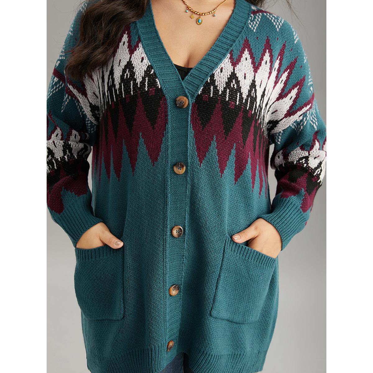 Plus Size Geometric Button Through Pocket Cardigan Aegean Women Casual Loose Long Sleeve Dailywear Cardigans BloomChic 26/4X Product Image